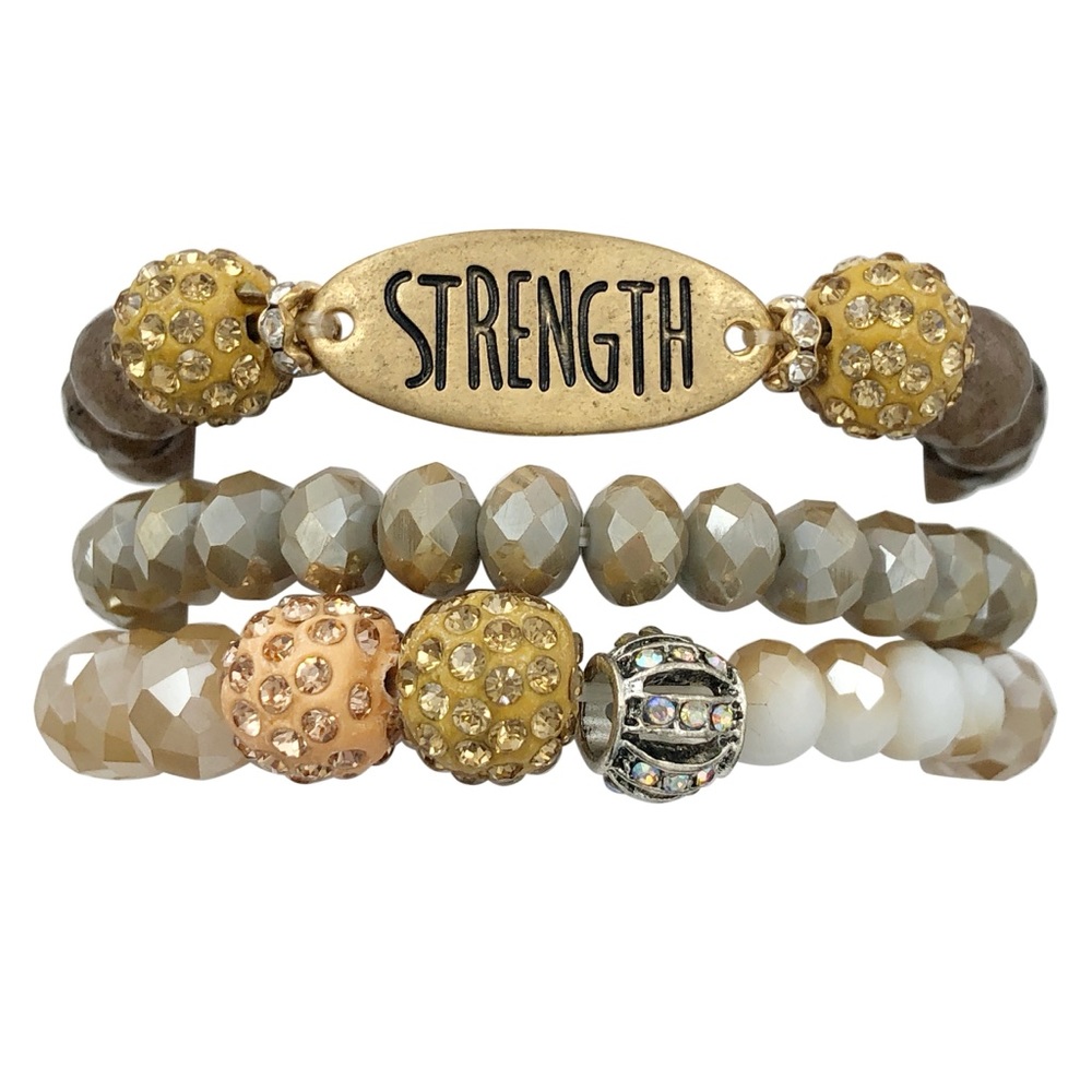 STRENGTH 3 Row Glass, Stone & Rhinestones Beaded Set Layered Stretch Bracelets